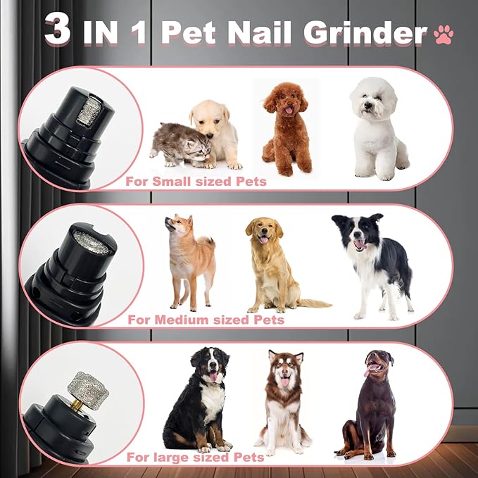 Dog Nail Grinder Quiet, Easy to Use Pet Nail Grinder with Led Lights, 7500 RPM Dog Nail Clippers for Large Dogs Medium Small Dogs & Cats, Continuous 3-Hour Battery Life