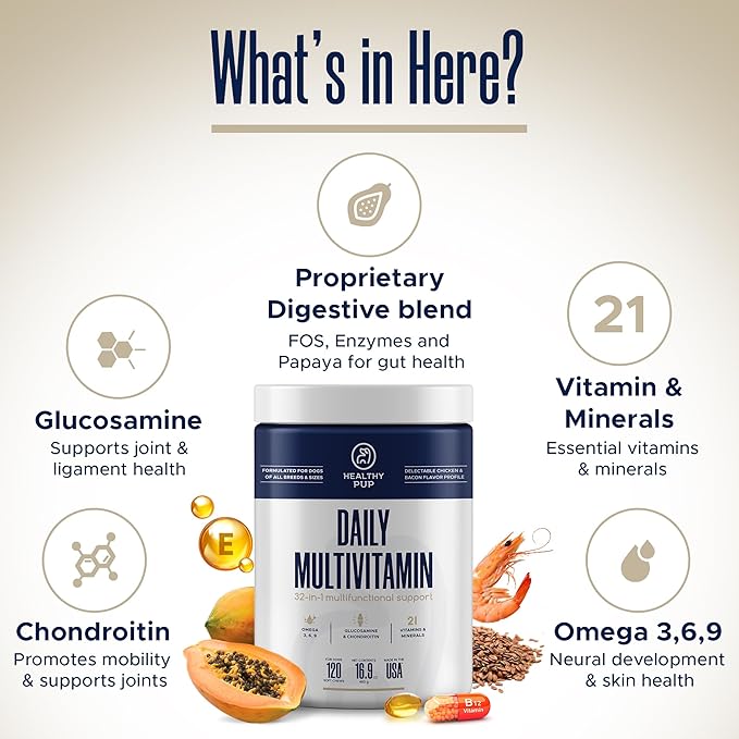 Dog Multivitamin Supplement - 120 Soft Chew Dog Vitamins and Supplements with Omega, Probiotics, Glucosamine, and More - for Small, Large, and Senior Dogs