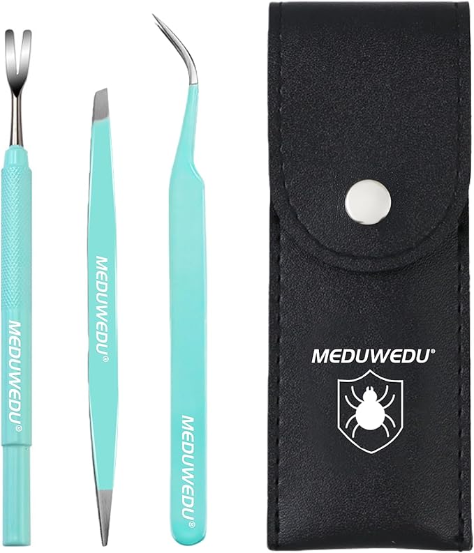 Tick Removal Tool Kit for Dogs, Cats & Humans – Stainless Steel Tick Tweezer, Fork & Dual-Head Clamp with Leather Pouch, Safe & Easy Tick Remover for Pets, Ideal for Grooming & Outdoor Travel