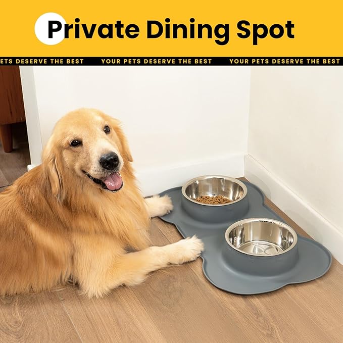 Dog Bowls with Non-Slip Silicone Mat, Spill Proof Large Food & Water Bowls Set, Easy Clean Dog Food Dish, Dishwasher Safe, Suitable for Dogs Cats Pet Under 90lbs, Large, Grey