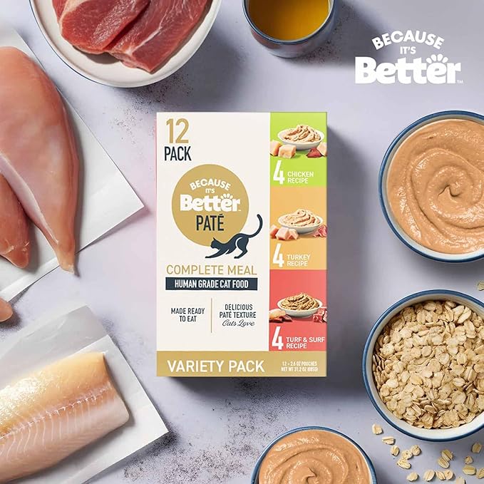 Because It's Better Pate Complete Meal, Variety Pack, Ocean, Turkey and Chicken Flavors 2.6 oz Pouches, Wet Cat Food, 12 Count
