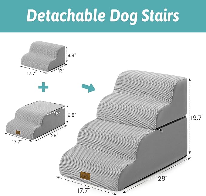 Detachable Curved Wide Dog Stairs 19.7" H, 4 Step Small Dog Step for Puppy or Older Cat, Ramp for Bed, Sofa, Couch or Chair, Ladder with High Density Foam, 17.7x28.3x19.7 inch, Grey