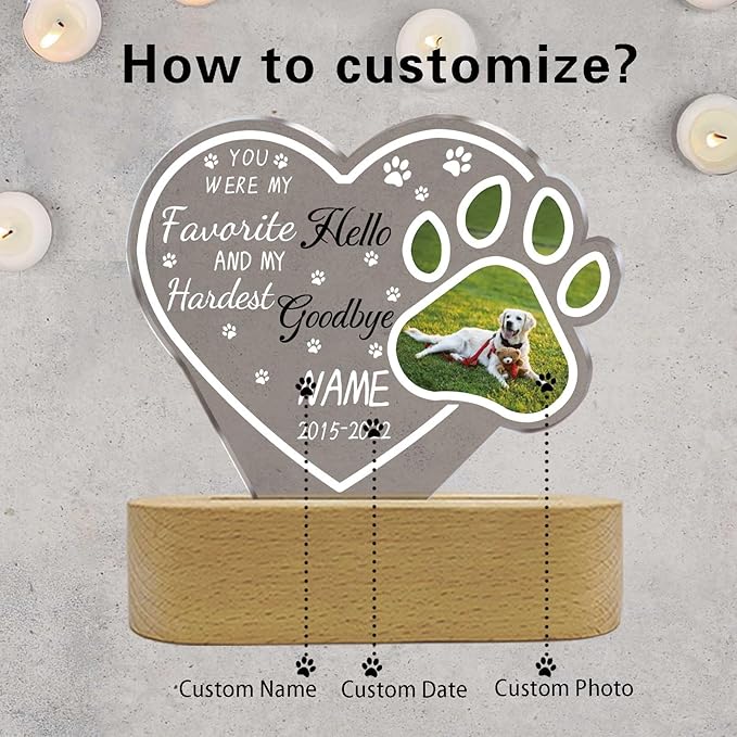 Custom Pet Memorial Night Light Gift Personalized Dog Cat Acrylic Plaque Photo Frame Sympathy Gift Condolence Gifts with Picture Name Date(Dog Paw Heart)