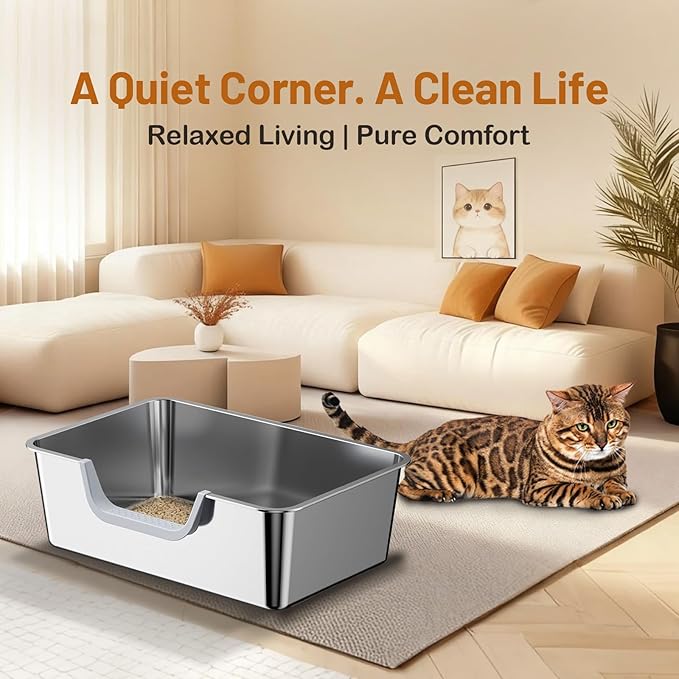 Stainless Steel Cat Litter Box, Steel Litter Pan with Curved Low Entry, Leak Proof 6 Inch High Side for Urine, Easy Entry for Kittens Older Cats, No Slip, 17.7" x 13.8" x 6", Silver