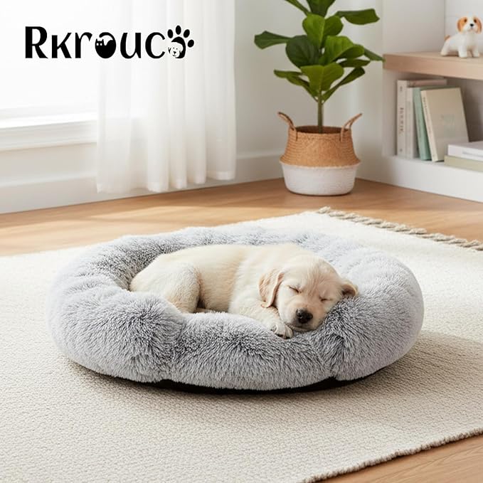 Fluffy Dog Bed Calming Donut Beds for Large Dogs Warming Round Small Medium Pet Nest Cozy Cat Mattress Indoor Washable Puppy Kennel Kittens Sleep Mat (S, 23.6×23.6 inch, Gradient Gray)