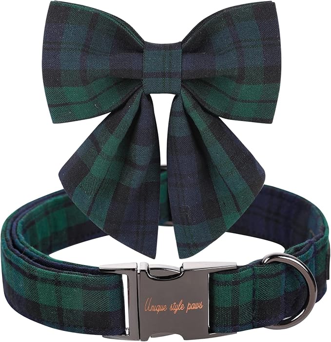 Unique style paws Christmas Dog Collar with Bow Tie Green Plaid Puppy Collar for Small Medium Large Dogs as Autumn Winter Pet Gifts-L