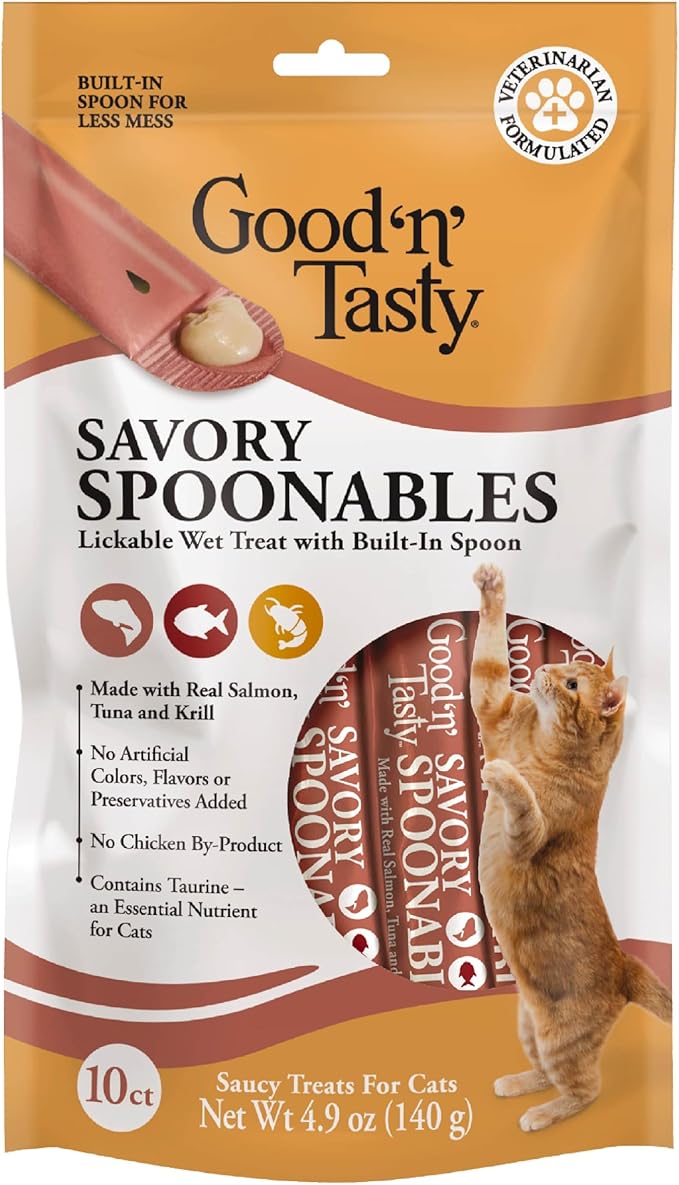 Good 'N' Tasty Savory Spoonables with Real Salmon, Tuna & Krill, 10 Count Tube, Triple Flavor Squeezable Lickable Wet Treats for Cats with Built-in Spoon for Less Mess (Pack of 3)