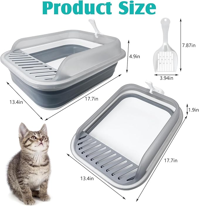VCEPJH Collapsible Litterbox with High Sides Small Cats Litter Pan with Scoop Open Cat Litter Box Portable Travel Kittens Toilet Kitten Starter Kit for Kittens Adult and Elderly Cats (Grey)