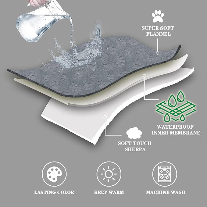 Qeils Dog Blankets for Large Dogs - Waterproof Cat Blanket Washable - Sherpa Fleece Puppy Blanket, Soft Plush Reversible Throw Protector for Bed Couch Car Sofa, 60"X80", Grey