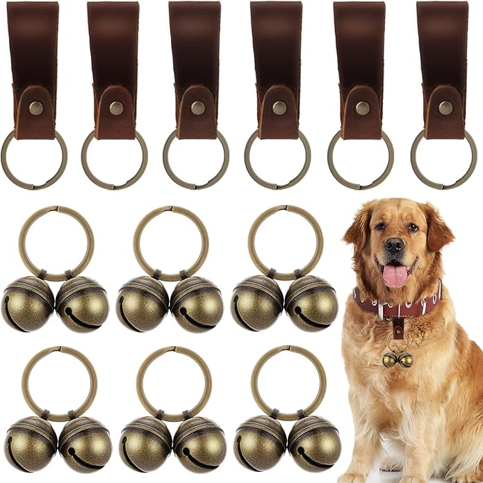 Dog Bells for Pet Tracking, 12PCS Extra Loud Dog and Cat Bells for Collar, Vintage Copper Collar Charms Pendant with 6 Leather Button Strap for Outdoor Safety, Pet Tracking
