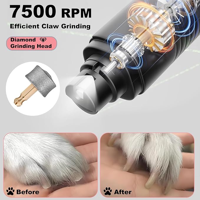 Dog Nail Grinder Quiet, Easy to Use Pet Nail Grinder with Led Lights, 7500 RPM Dog Nail Clippers for Large Dogs Medium Small Dogs & Cats, Continuous 3-Hour Battery Life