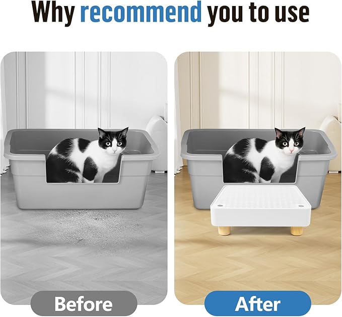 Extra Large Cat Litter Box Step Ramp, Cat's Litter Catcher Mat with Wooden Feet, Filter Function, Pedal Stool for Self-Cleaning Cat Litter Box, Ideal for Kitten & Elderly Cats (White)