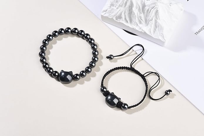 Black Obsidian Cat Bracelet and Moon Pendant Necklace Jewelry Set-Cat Lover Gifts,Wealth Attraction,Good Luck,Bead Bracelet,Mindfulness,Beaded Bracelets, Obsidian Pendant Necklace-Cute Gifts for Women