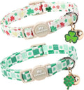 St. Patrick's Day 2 Pack Cat Collar, Soft Breakaway Clover Kitty Collar with Bell&Pendent, Cotton Shamrock Pattern Collar with Safety Buckle for Boy Girl Cats