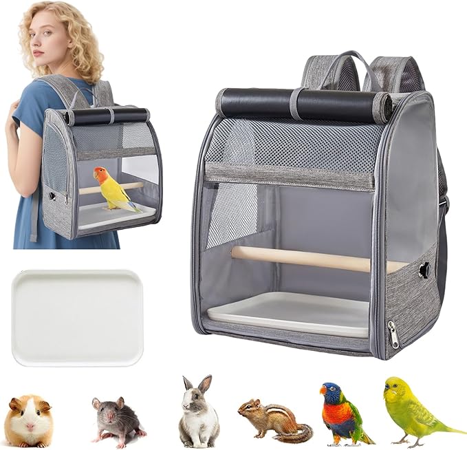 PETCUTE Bird Carrier Backpack,Breathable & Portable,Pet Travel Cage with Upgraded Tray and Standing Perches,Lightweight Foldable Birds Travel Cage for Hiking Camping,for Small Birds, Green Cheek