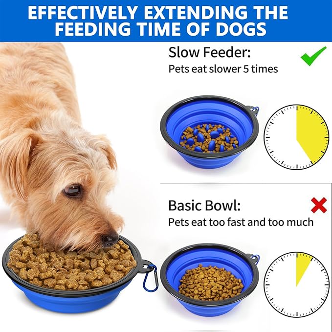 Dog Bowl Pet Collapsible Bowls Slow Feeder Dog Bowls, 2 Pack for Cats Dogs 34 oz, Portable Foldale Pet Water Food Feeding Dishes for Walking Hiking Traveling with 2 Carabiners (Blue+Black)