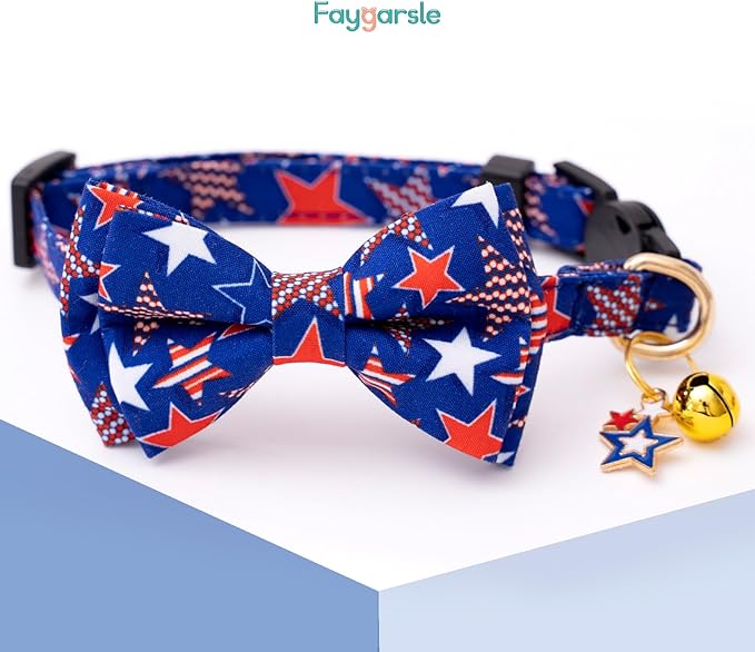 Faygarsle 2 Pack 4th of July Independence Day Cat Collar Cute Pink Blue American Flag Star Printed Collar with Bow tieBreakaway Cat Collar for Boy Girl Female Male Cats