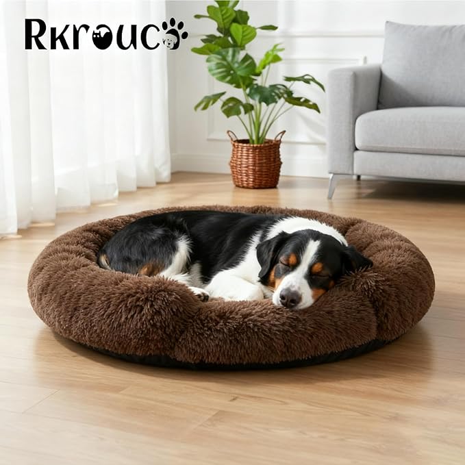 Fluffy Dog Bed Calming Donut Beds for Large Dogs Warming Round Small Medium Pet Nest Cozy Cat Mattress Indoor Washable Puppy Kennel Kittens Sleep Mat (L, 35.4×35.4 inch, Brown)