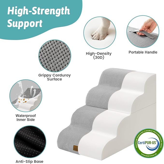 Detachable Curved Wide Dog Stairs 19.7" H, 4 Step Small Dog Step for Puppy or Older Cat, Ramp for Bed, Sofa, Couch or Chair, Ladder with High Density Foam, 17.7x28.3x19.7 inch, Grey