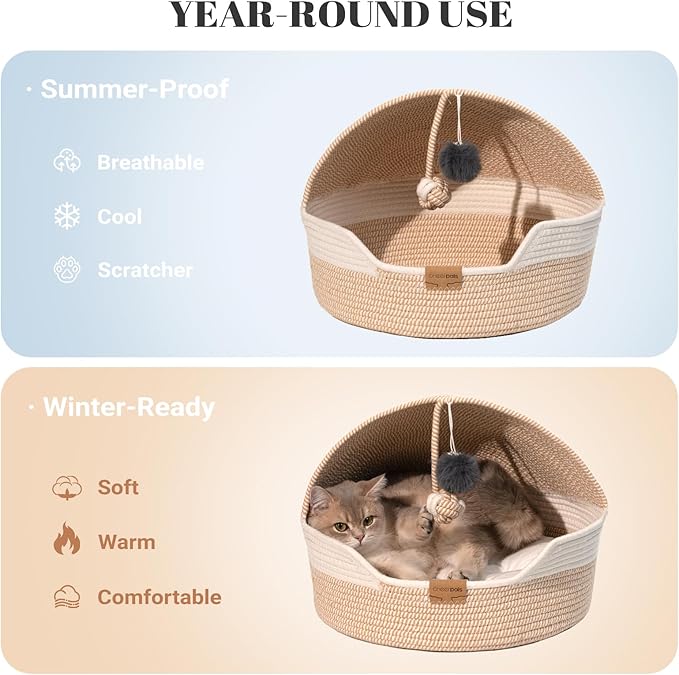 CHEERPALS Cat Basket Bed for Indoor Cats, Covered Pet Bed with Washable Cushion and Ball Rope Cotton Bed for Medium and Large Cat, All Season Universal(White)