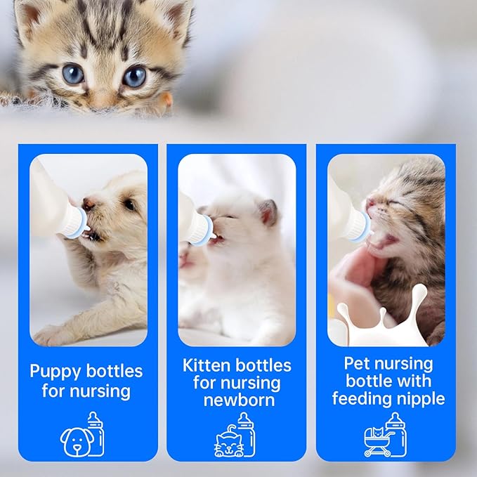 5Pack Kitten Bottle for Nursing Puppy Milk Kitten Bottles Feeding Kit Silicone Nipple for Newborn Pets Kittens, Puppy,Squirrel (Blue)