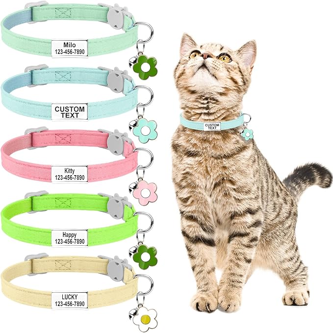 Custom Glow in the Dark Cat Collar with Breakaway Buckle Anti-Lost Nameplate Luminous Cat Collar - Adjustable Size (8-11 Inch) for Kittens Cats, Personalized Laser Engraving ID Tag & Removable Bell