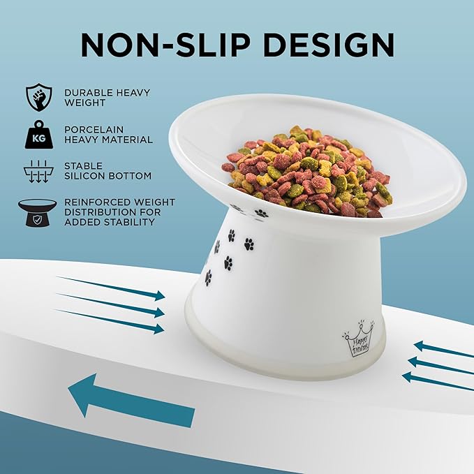 Necoichi Raised Cat Food Bowl – Ceramic Elevated Cat Bowl for Whisker & Neck Fatigue, Dishwasher Microwave Safe – Non-Slip & Anti Vomiting Ergonomic Design (Cats, Extra Wide, 2-Cups Capacity)