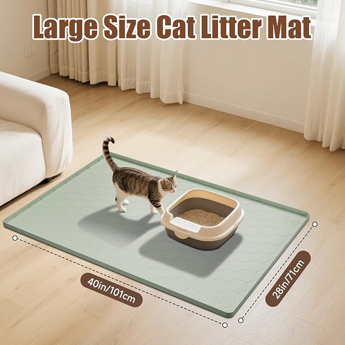 Pawinner Cat Mat for Litter Box, 40" X 28" Large Silicone Cat Litter Trapping Mat, Waterproof Cat Litter Mat, Soft on Kitty Paws, Urine-Proof, Non-Slip Kitty Scratch Pad for Floor(Green)