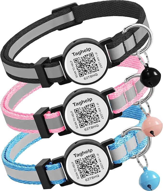 3 Pack -smart ID tag with Breakaway Cat Collars with Bell Reflective Strap, Lightweight Kitty Kitten Collars Pink Blue Collar for Female Girl Cats Male Boy Cats(Black & Blue & Pink)