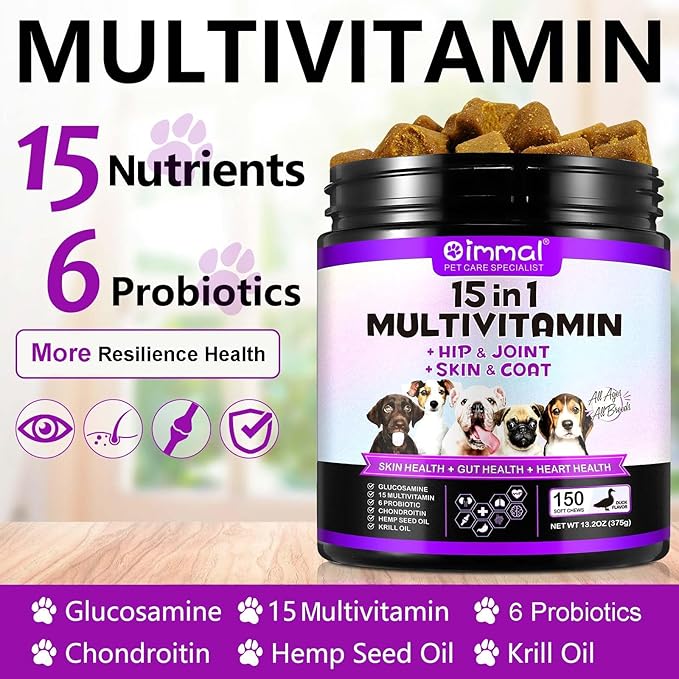 15-in-1 Dog Vitamins and Supplements, 150ct Dog Multivitamin Chewable with Glucosamine and Probiotics Senior & Puppy Multivitamin Pet Supplement Hip & Joint Support Immune Health Heart Digestion