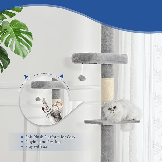Cat Craft Floor to Ceiling Cat Tree,5 Tiers Tall Cat Tower with Adjustable Height(98-110),Skinny Ceiling Cat Tree with Cozy Hammock,Sisal Scratching Posts,Platforms,and Hanging Balls for Large Cats