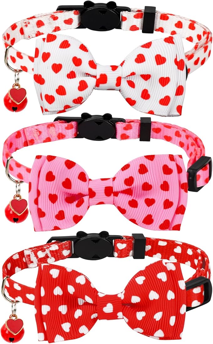JarThenaAMCS 3Pcs Valentine's Day Cat Collar Love Heart Bowtie Collar with Breakaway Bell Red White Pink Adjustable Kitten Collar for Girl Boy Cat Small Pet