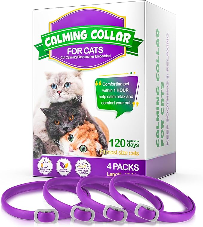 Calming Collar for Cats 4 Pack, Cat Pheromone Collar18 Inch Adjustable Rapid Effect, Breakaway Calming Collars120 Day Purple for Small, Medium Large Cat, Stress Relief & Anxiety Control for Cats
