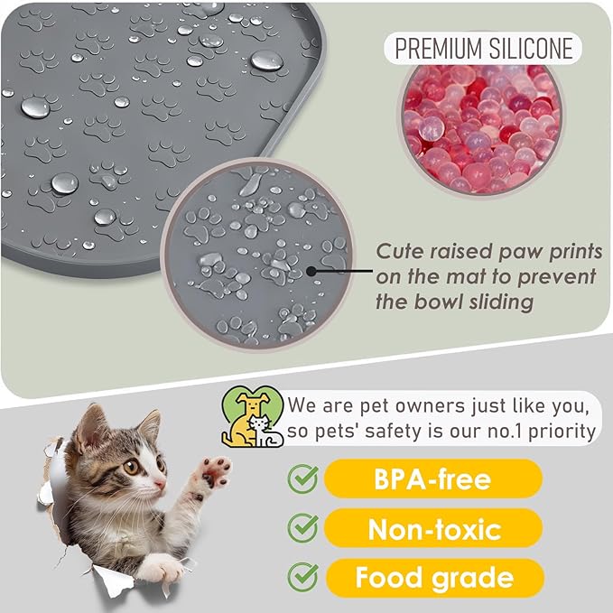 Pet Feeding Mat, Waterproof Anti-Slip Placemats for Dog Cat Bowl Silicone Pet Food Mat, Raised Edge Prevent Spills on Floor & Carpet, Dishwasher Safe (Black, 11" x 11")