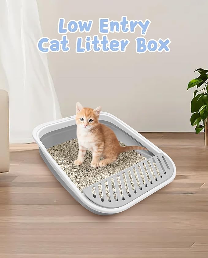 VCEPJH Kitten Litter Box Low Entry Litter Box for Senior Cats - Shallow Cat Litter Pan Collapsible Litterbox for Travel Grey