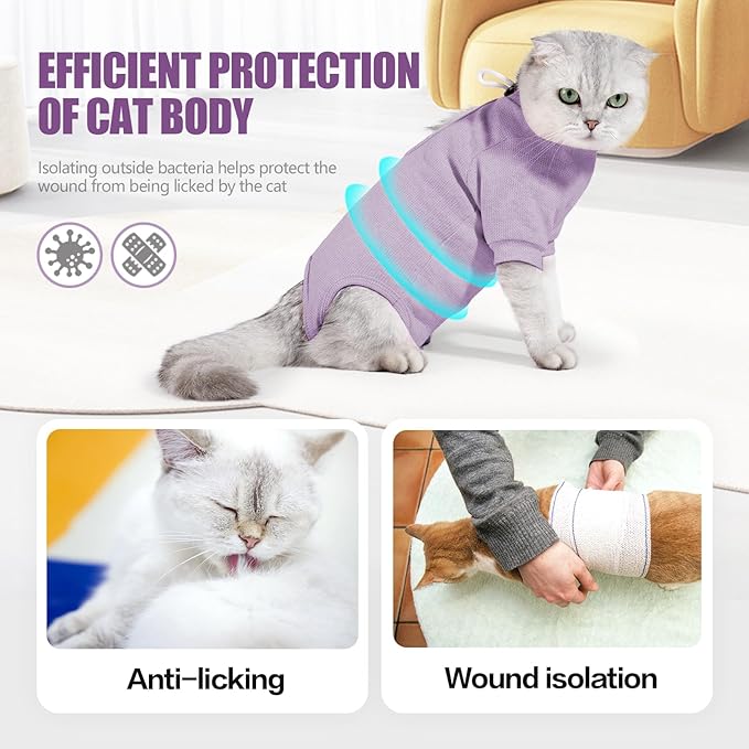 Cat Surgery Recovery Suit - E-Collar Alternative Anti-Licking Spay/Neuter Bodysuit, Soft Pet Surgical Pajamas for Cats, Abdominal Wound Onesie (Purple, Small)