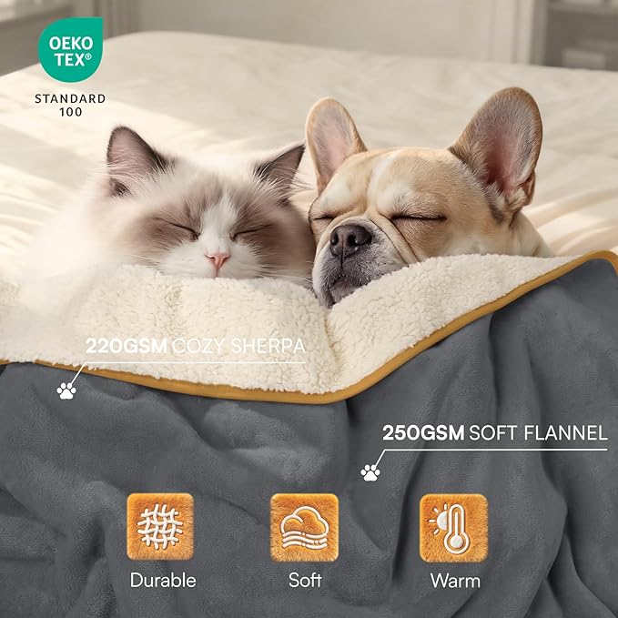 Luciphia Waterproof Pet Blanket, Liquid Pee Proof Dog Blanket for Sofa Bed Couch, Reversible Sherpa Fleece Furniture Protector Cover for Small Medium Large Dogs Cats, Grey+Beige Large（65" x 57"）