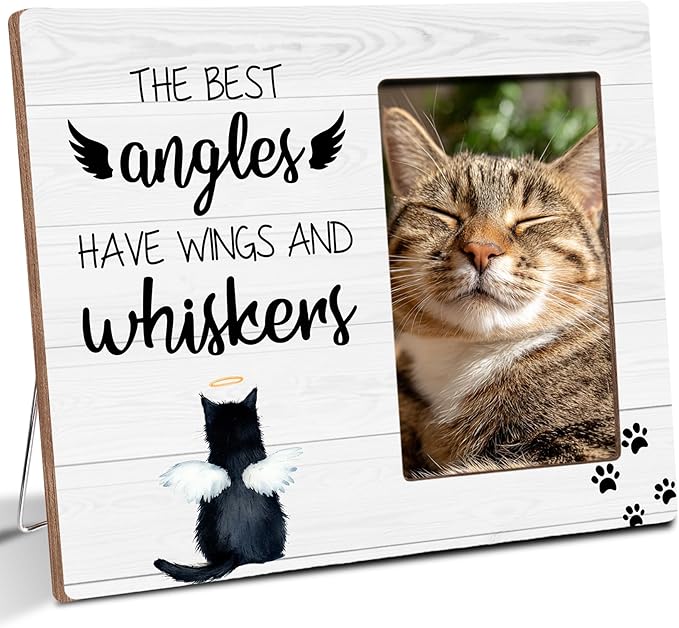 Cat Memorial Gifts for Loss of Cat, Angels Have Wings And Whiskers, Pet Memorial Wooden Picture Frame Sympathy Gifts, Fits 4x6 Photo Frame