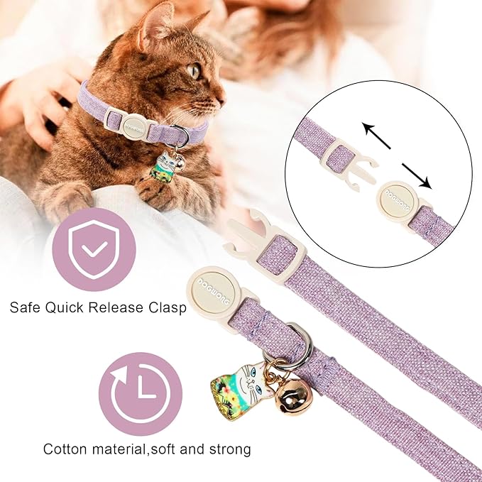 2 Pack Pink Purple Cat Collars Breakaway with Bell, DOGWONG Safety Buckle Cute Cat Collar for Girl Cats，Adjustable 7-12 Inch,Pet Supplies Accessories