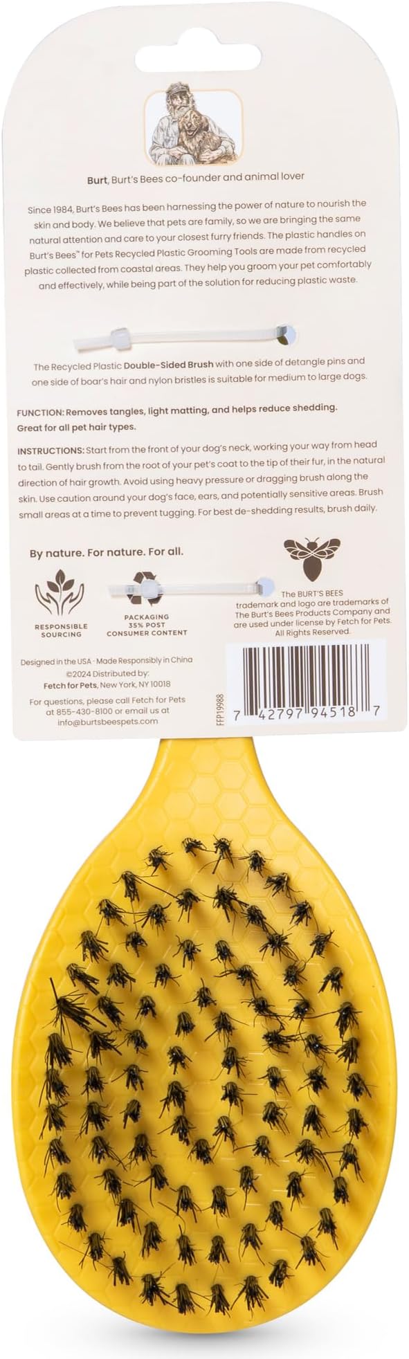 Burt's Bees for Pets Double Sided Brush for Large Dogs with Handle Made from Recycled Plastics Collected from Coastal Communities| 2-in-1 Dog Brush Removes Tangles While Smoothing Dog Fur