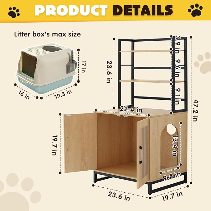 Cat Litter Box Enclosure with 2 Storage Shelves, 2-in-1 Large Hidden Wooden Pet House Furniture with Scratching Mat/Feeding Station/House Condo, Cat Cabinet with Barn Door for Entrance (Large)