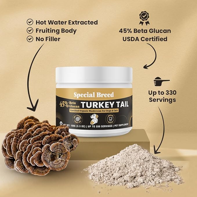 Organic Turkey Tail Mushroom for Dogs and Cats, 45% Beta Glucan Standardized, Hot Water Extracted Whole Fruiting Body, Third Party Tested, Immune and Gut Support, No Fillers, Made in USA, 330 ct