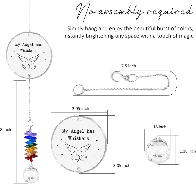 Glass Ornament Suncatcher - My Angel HAS Whiskers - Cat Memorial Sympathy Keepsake - Crystal Rainbow Maker for Cats Lovers - Mother's Day for Dog Cat Mom Dad Pet Owners