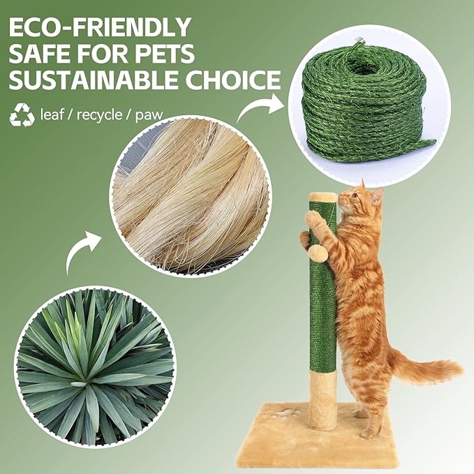 Green Natural Sisal Rope for Cat Scratcher Tree Thick 5-mm 1/5 Inch by 150 Feet, Cat Tower Climbing Twine for Cat Scratching Post Replacement, Scratch Post Repairing, Replace, Recovering and DIY