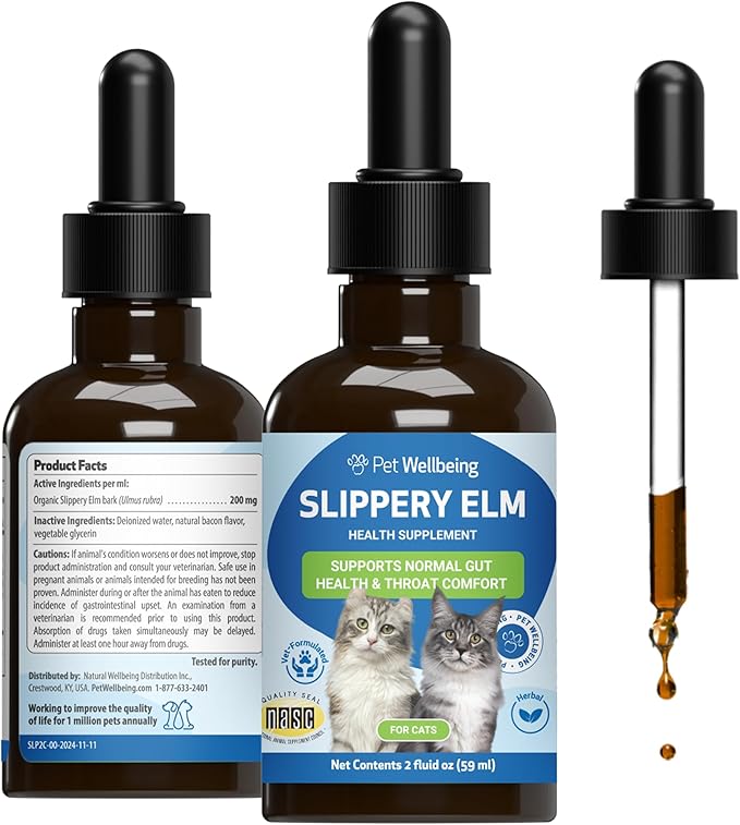 Pet Wellbeing Slippery Elm for Cats - Vet-Formulated Dual Digestive & Throat Support - Organic Pure Single Herb Extract - Holistic Soothing Cat Supplement - Liquid Formula 2 oz (59ml)