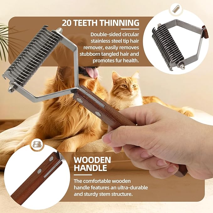 Large 2-Sided Undercoat Rake for Dogs and Cats，Professional Pet Grooming Shedding Tool Combs for Animals，Stainless Steel with Wooden Handle for Thick Coats (20-Blades)
