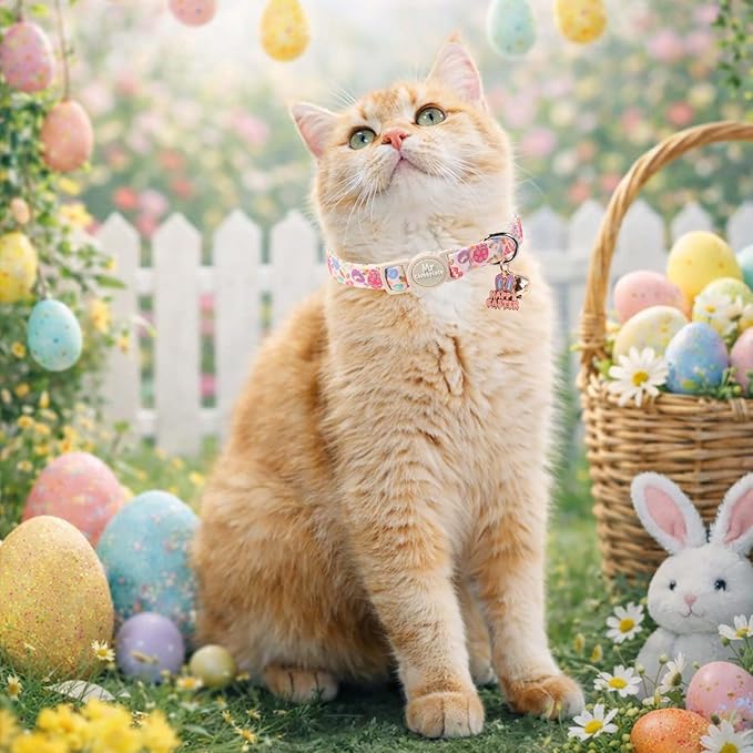 2 Pack Easter Cat Collar, Colorful Carrot& Carrot Egg Pattern Kitten Breakaway Collar,Adjustable Durable Easter Collar with Bell&Pendent for Female Male Cat