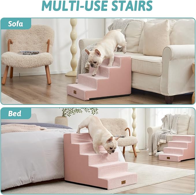 Dog Stairs for Small Dogs, 17.7" Extra Wide Right-Angle Pet Stairs for Couch and Beds, Anti-Slip Dog Steps for Old Cats and Lowrider, 17.7x23.6x17.7 inch, Pink