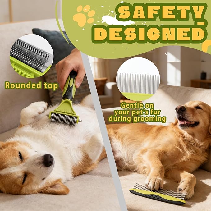 2-in-1 Dog Grooming Brush for Shedding & Dematting Comb for Dogs and Cats, Double Coat Undercoat Rake & Slicker Brush Pet Grooming Tool (Green)