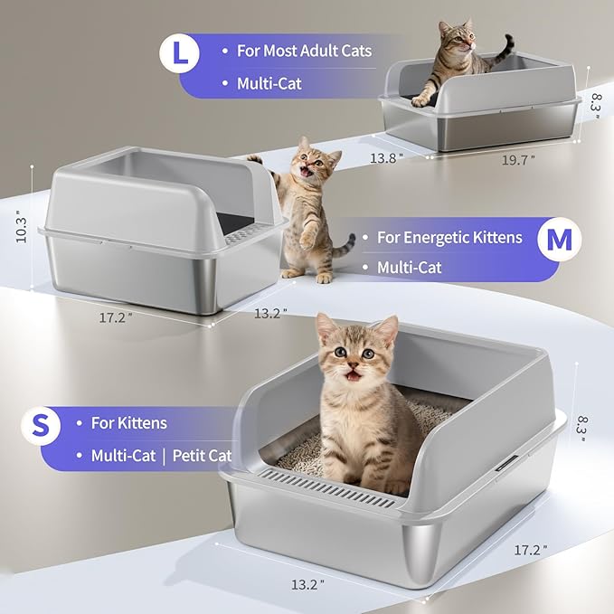 2 Pack Stainless Steel Cat Litter Box Medium, Metal Kitty Litter Box with High Sides, Easy to Clean, No Stains, Odor-Free for Kittens/Multi-Cats